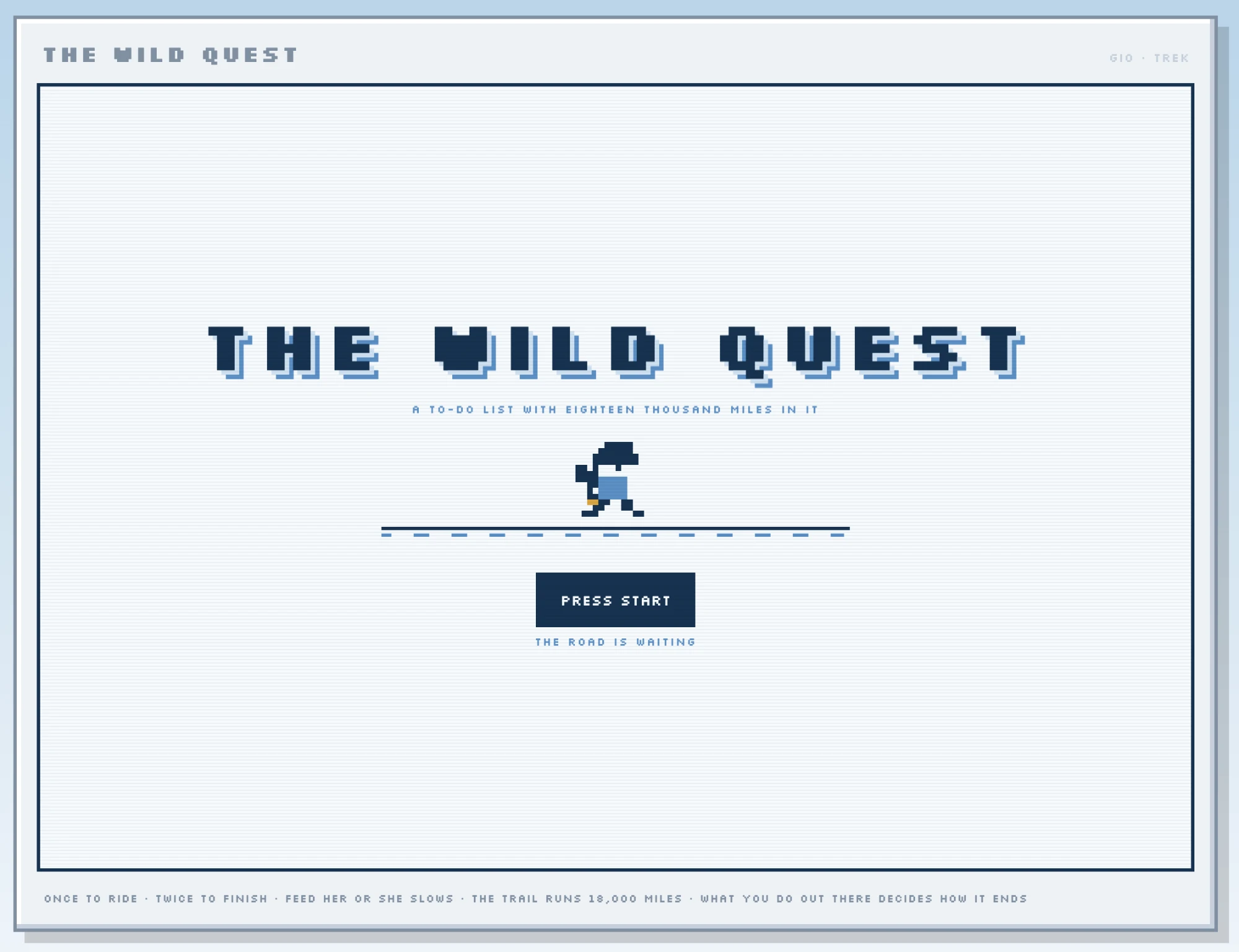The Wild Quest title screen: a pixel-art traveler on the trail above a Press Start button
